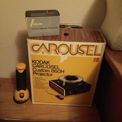 Kodak carousel projector, flash light and color slide viewer