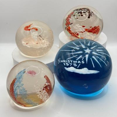 LOT 16K: Collection of Vintage Glass Paperweights incl. 1975 Christmas Blue Wheaton Village
