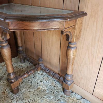 LOT 91P: Etched Glass Top Wooden Turned Leg Console Table