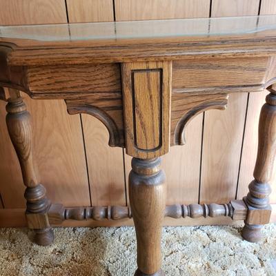LOT 91P: Etched Glass Top Wooden Turned Leg Console Table