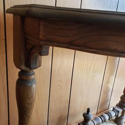 LOT 91P: Etched Glass Top Wooden Turned Leg Console Table