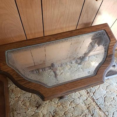 LOT 91P: Etched Glass Top Wooden Turned Leg Console Table