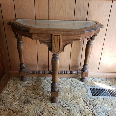 LOT 91P: Etched Glass Top Wooden Turned Leg Console Table