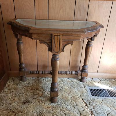 LOT 91P: Etched Glass Top Wooden Turned Leg Console Table
