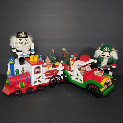LOT 95P: Vintage Musical Wooden Christmas Trains with Mini Nutcrackers
