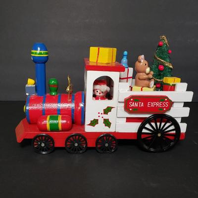 LOT 95P: Vintage Musical Wooden Christmas Trains with Mini Nutcrackers