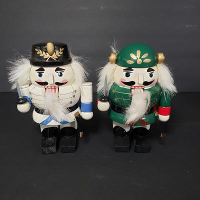 LOT 95P: Vintage Musical Wooden Christmas Trains with Mini Nutcrackers