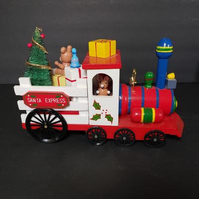LOT 95P: Vintage Musical Wooden Christmas Trains with Mini Nutcrackers