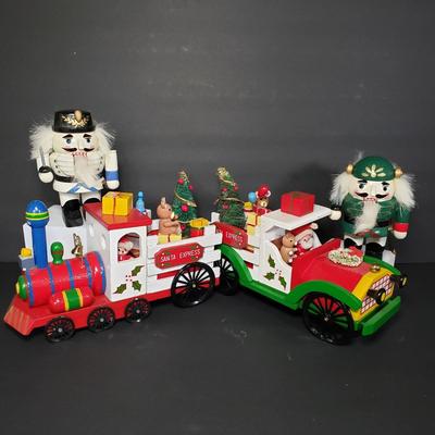 LOT 95P: Vintage Musical Wooden Christmas Trains with Mini Nutcrackers
