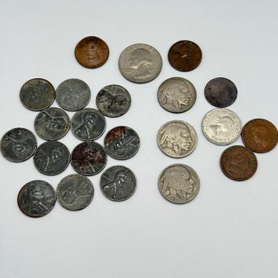 LOT 109J: US Coin Collection: 13 Steel Pennies (1943), 1949 Penny and 1965 Quarter w/ No Mint Marks, Buffalo Nickels (3), Mason Penny...