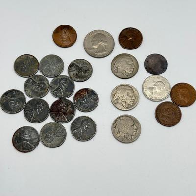 LOT 109J: US Coin Collection: 13 Steel Pennies (1943), 1949 Penny and 1965 Quarter w/ No Mint Marks, Buffalo Nickels (3), Mason Penny...