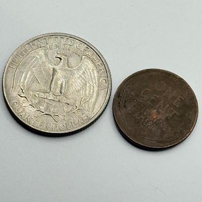 LOT 109J: US Coin Collection: 13 Steel Pennies (1943), 1949 Penny and 1965 Quarter w/ No Mint Marks, Buffalo Nickels (3), Mason Penny...