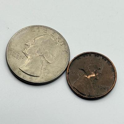 LOT 109J: US Coin Collection: 13 Steel Pennies (1943), 1949 Penny and 1965 Quarter w/ No Mint Marks, Buffalo Nickels (3), Mason Penny...