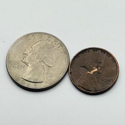 LOT 109J: US Coin Collection: 13 Steel Pennies (1943), 1949 Penny and 1965 Quarter w/ No Mint Marks, Buffalo Nickels (3), Mason Penny...