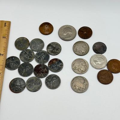 LOT 109J: US Coin Collection: 13 Steel Pennies (1943), 1949 Penny and 1965 Quarter w/ No Mint Marks, Buffalo Nickels (3), Mason Penny...