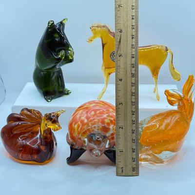 LOT 113K: Collection of Blown Glass Animals: Handblown Pilgrim Amber Horse & Snail, Avocado Bear, Orange Bubble Whale made in Japan...
