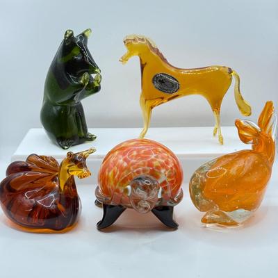 LOT 113K: Collection of Blown Glass Animals: Handblown Pilgrim Amber Horse & Snail, Avocado Bear, Orange Bubble Whale made in Japan...