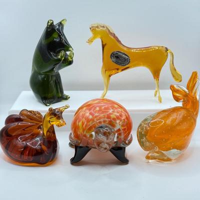 LOT 113K: Collection of Blown Glass Animals: Handblown Pilgrim Amber Horse & Snail, Avocado Bear, Orange Bubble Whale made in Japan...