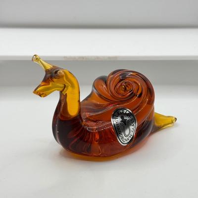 LOT 113K: Collection of Blown Glass Animals: Handblown Pilgrim Amber Horse & Snail, Avocado Bear, Orange Bubble Whale made in Japan...