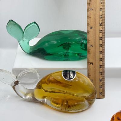 LOT 115K: Vintage Glass Paperweights: Pilgrim Handblown Penguin, Rainbow Amber Dog, Kanawha Amber Whale, Bear Trinket Dish & Green Whale