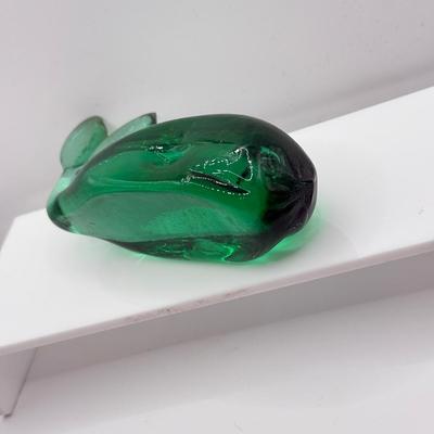 LOT 115K: Vintage Glass Paperweights: Pilgrim Handblown Penguin, Rainbow Amber Dog, Kanawha Amber Whale, Bear Trinket Dish & Green Whale