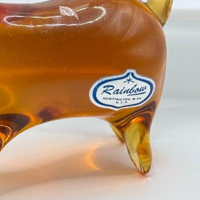 LOT 115K: Vintage Glass Paperweights: Pilgrim Handblown Penguin, Rainbow Amber Dog, Kanawha Amber Whale, Bear Trinket Dish & Green Whale