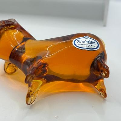 LOT 115K: Vintage Glass Paperweights: Pilgrim Handblown Penguin, Rainbow Amber Dog, Kanawha Amber Whale, Bear Trinket Dish & Green Whale