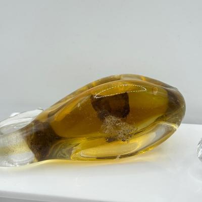 LOT 115K: Vintage Glass Paperweights: Pilgrim Handblown Penguin, Rainbow Amber Dog, Kanawha Amber Whale, Bear Trinket Dish & Green Whale