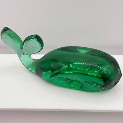 LOT 115K: Vintage Glass Paperweights: Pilgrim Handblown Penguin, Rainbow Amber Dog, Kanawha Amber Whale, Bear Trinket Dish & Green Whale