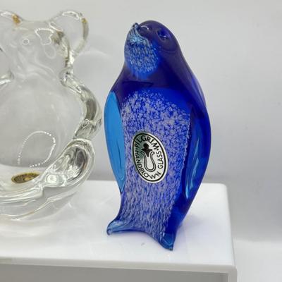 LOT 115K: Vintage Glass Paperweights: Pilgrim Handblown Penguin, Rainbow Amber Dog, Kanawha Amber Whale, Bear Trinket Dish & Green Whale