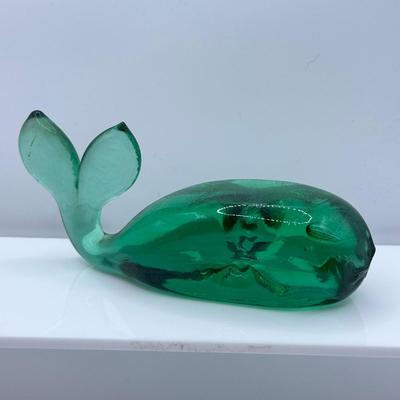 LOT 115K: Vintage Glass Paperweights: Pilgrim Handblown Penguin, Rainbow Amber Dog, Kanawha Amber Whale, Bear Trinket Dish & Green Whale