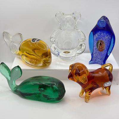 LOT 115K: Vintage Glass Paperweights: Pilgrim Handblown Penguin, Rainbow Amber Dog, Kanawha Amber Whale, Bear Trinket Dish & Green Whale