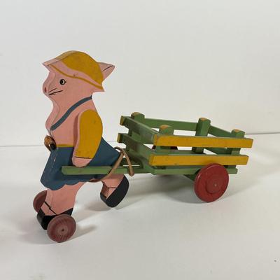 LOT 123L: Vintage Wooden Pull Toys w/ Wagons - one stamped "Toddler Toys"