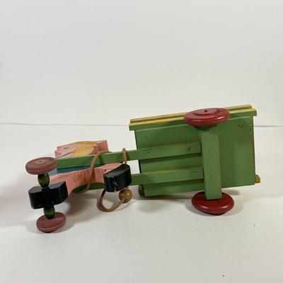 LOT 123L: Vintage Wooden Pull Toys w/ Wagons - one stamped "Toddler Toys"