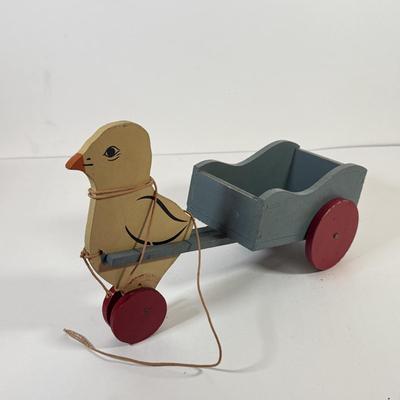 LOT 123L: Vintage Wooden Pull Toys w/ Wagons - one stamped "Toddler Toys"