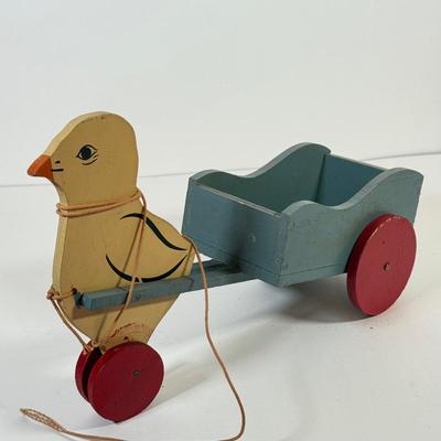 LOT 123L: Vintage Wooden Pull Toys w/ Wagons - one stamped "Toddler Toys"