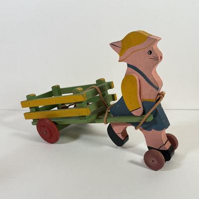 LOT 123L: Vintage Wooden Pull Toys w/ Wagons - one stamped "Toddler Toys"