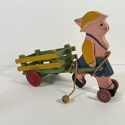 LOT 123L: Vintage Wooden Pull Toys w/ Wagons - one stamped "Toddler Toys"