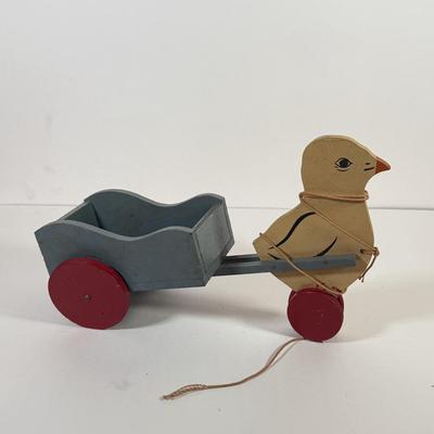 LOT 123L: Vintage Wooden Pull Toys w/ Wagons - one stamped "Toddler Toys"
