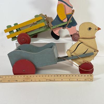 LOT 123L: Vintage Wooden Pull Toys w/ Wagons - one stamped "Toddler Toys"