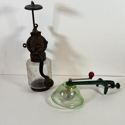 LOT 125L: Antique Coffee Grinder & Vintage Uranium Glass Hand Crank Reamer
