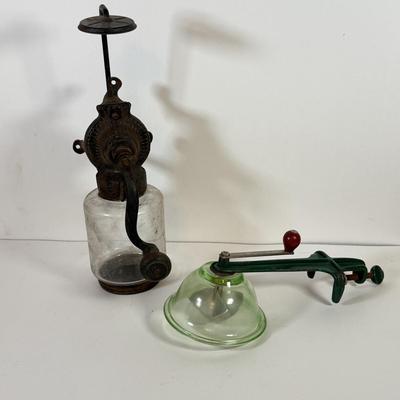 LOT 125L: Antique Coffee Grinder & Vintage Uranium Glass Hand Crank Reamer