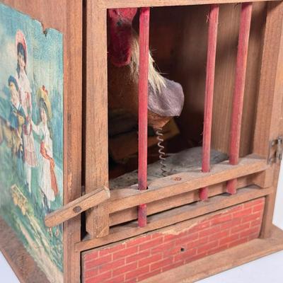 LOT 129L: Antique Wooden Chicken Coop Pop Out / Squeak Toy