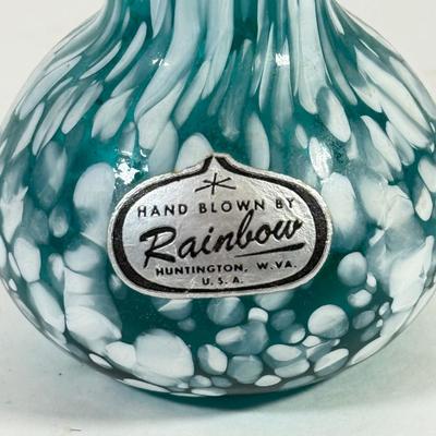 LOT 132L: Old Morgantown Beehive Cobalt Vase, Blue & White Rainbow Hand Blown Glass Vase & Green Tall Vase