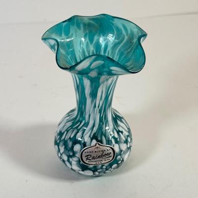 LOT 132L: Old Morgantown Beehive Cobalt Vase, Blue & White Rainbow Hand Blown Glass Vase & Green Tall Vase