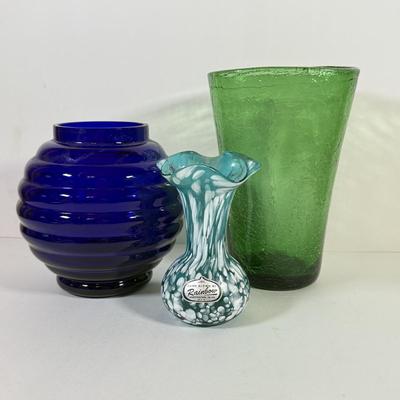 LOT 132L: Old Morgantown Beehive Cobalt Vase, Blue & White Rainbow Hand Blown Glass Vase & Green Tall Vase