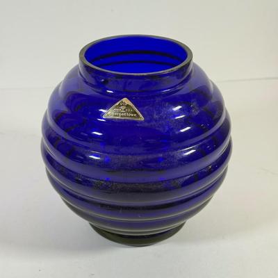 LOT 132L: Old Morgantown Beehive Cobalt Vase, Blue & White Rainbow Hand Blown Glass Vase & Green Tall Vase