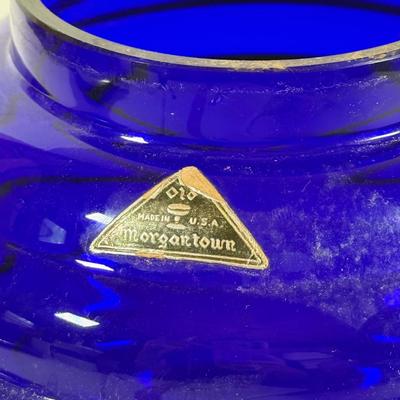 LOT 132L: Old Morgantown Beehive Cobalt Vase, Blue & White Rainbow Hand Blown Glass Vase & Green Tall Vase