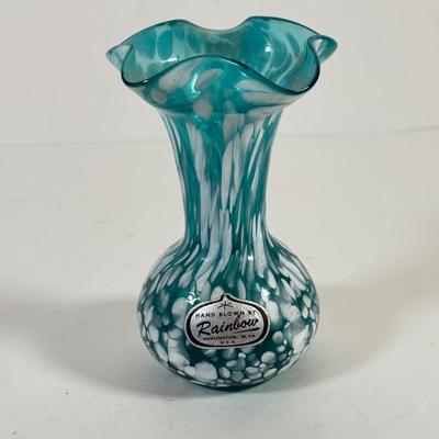 LOT 132L: Old Morgantown Beehive Cobalt Vase, Blue & White Rainbow Hand Blown Glass Vase & Green Tall Vase
