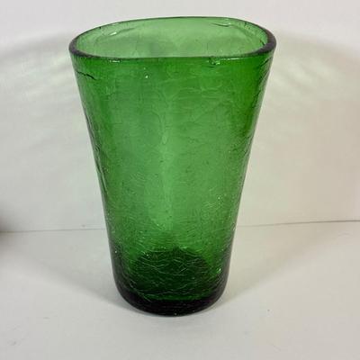 LOT 132L: Old Morgantown Beehive Cobalt Vase, Blue & White Rainbow Hand Blown Glass Vase & Green Tall Vase